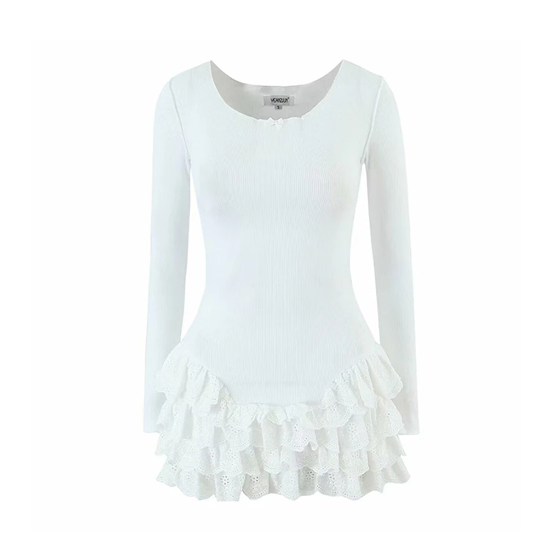 فستان نسائي مكشكش برقبة دائرية وأكمام طويلة، تنورة قصيرة بخياطة مكشكشة متتالية لربيع وصيف، فستان أنيق جديد بلون سادة #1