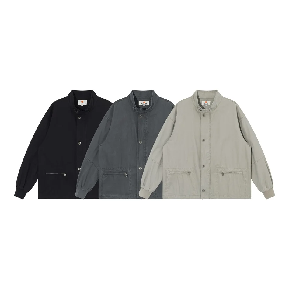 Autumn Stand Collar Tool Coat Men Japan Streetwear Fashion Loose Casual Vintage Cotton Cargo Jacket Cityboy Coat Outerwear