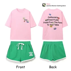Casual Crews Summer Short Set Womens Outifits Pink O-neck Short Sleeve Tee Elastic Drawstring Waistband Green Shorts 2-piece Set