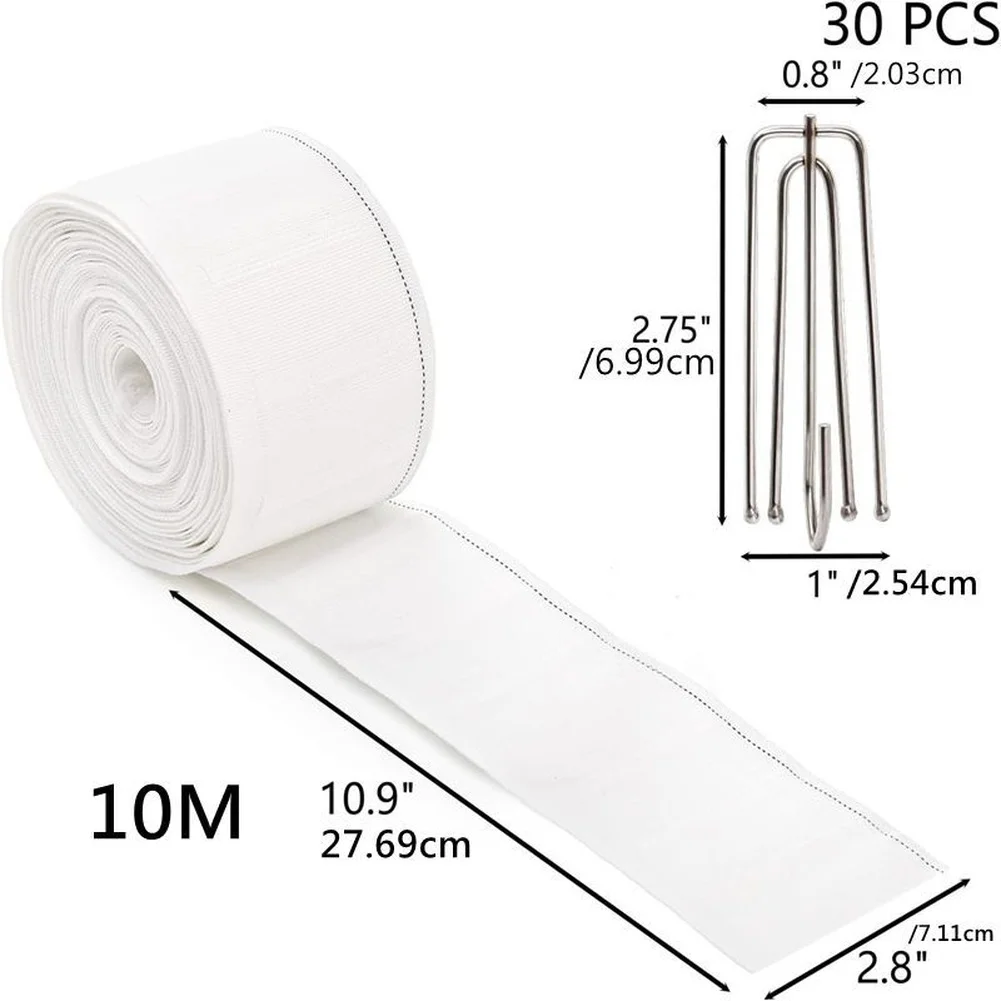 10m-ポリエステルカーテンテープ-ドレープ用-30個の金属フック付き-ホワイトデザイン-モダンな家の窓の装飾用