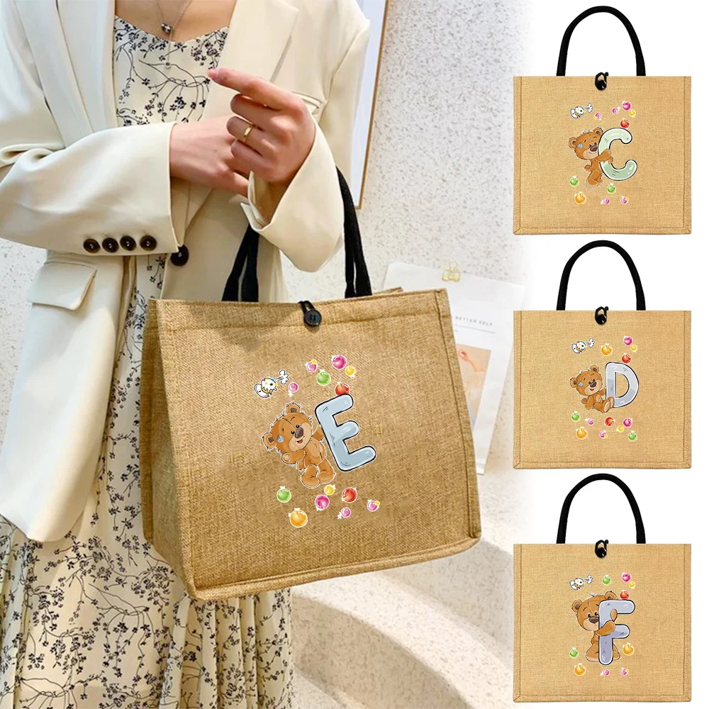 

Linen Bag Button Handbag Organizer Storage Jute Tote Bags Imitation Cotton and Women Shopping Portable Bear Printing Series