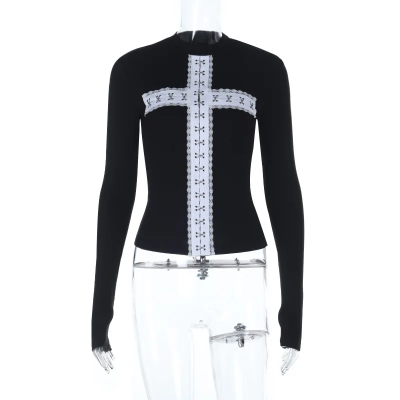 Dunkelverzierte weiße Kreuz-Langarm-T-Shirts Mall Goth Harajuku Slim Tops Damen Basic Casual Top Tees Gothic Kleidung