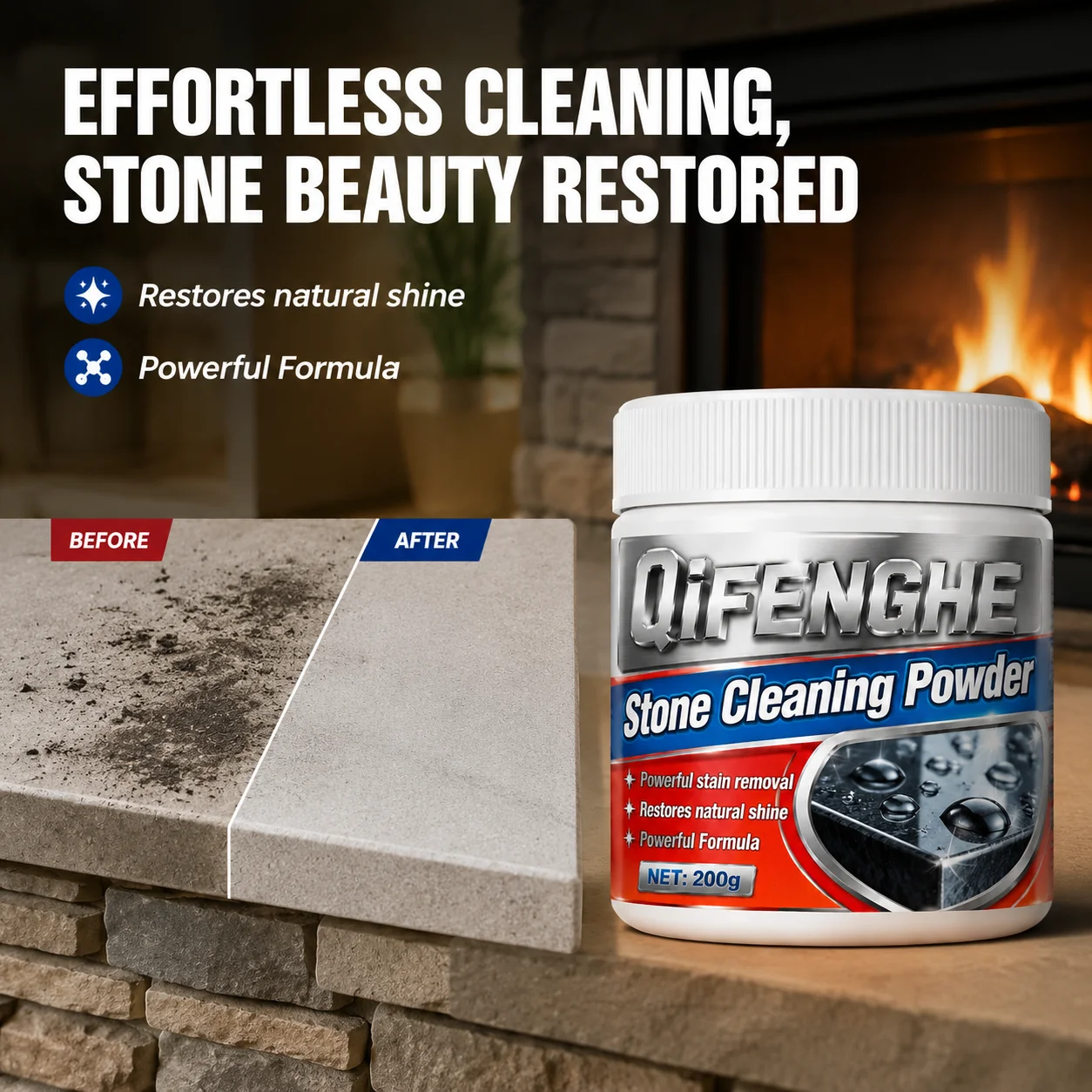 Heavy Duty Stone Cleaning Powder for Fireplace Hearth Remove Soot Stains Restore Stone Color 200g with Sponge