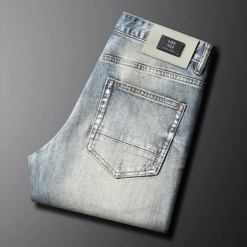 Street Fashion Designer Men Jeans Retro Washed Blue Stretch Slim Fit Painted Ripped Jeans Men Y2K Vintage Denim Pants Hombre