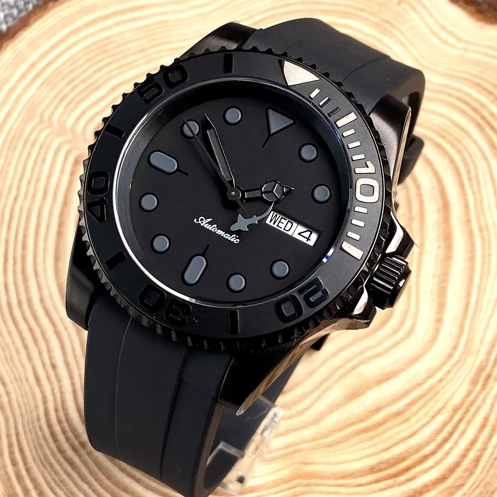 40mm Black SUB Dive Mechanical Watch Men NH36 Movement Black Shark Hand 20bar Waterproof Wristwatch Curved Silicone Band 40mm