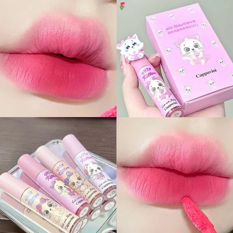 Cappuvini Rossetto Donna Cute Cat Lip Fango Crema Impermeabile Tazza antiaderente Smalto per labbra Tinta Illumina Cosmetici coreani a lunga durata