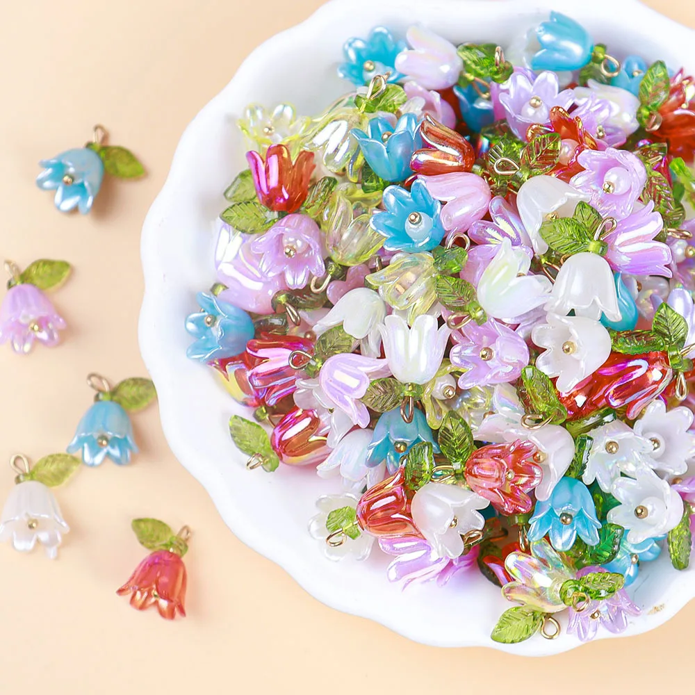 10pcs/lot 11x15mm Acrylic Lily of the Valley Flower Bud Charms Colorful Flower Charms for DIY Making Jewelry Accessories ﻿
