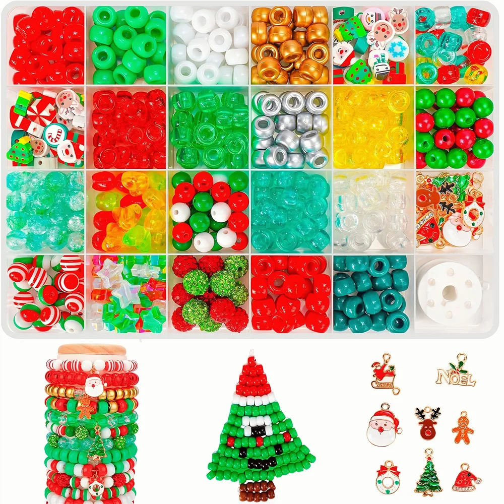 

1 Box Christmas Beads for Bracelets Making Kit, Pony Beads with Christmas Tree Snowflake Shapes for DIY Crafts, Party Decorati