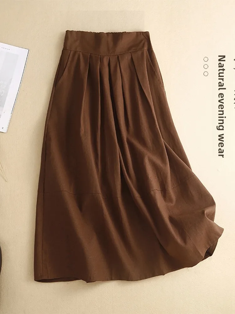 الرجعية عارضة الكتان f تنورة عالية الخصر ألف خط ميدي تنورة خمر Sle عالية الخصر تصميم للنساء موسم الصيف لون نقي #1