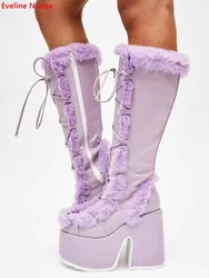 Purple Fur Platform Boots Women's Cross Straps Solid Round Toe Chunky Heel Fashionable Beautiful High-quality Elegant Shoes