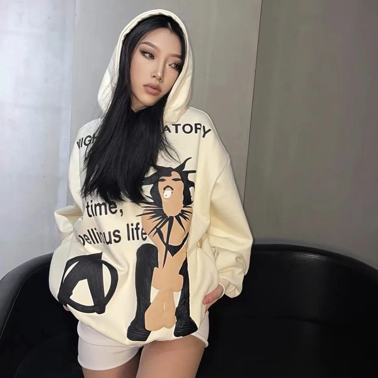 Hooded Sweatshirt Cartoon Graffiti Print Plus Velvet Ins Harajuku Style Loose Bf Female 2023 New Korean Style Hooded Sweatshirt