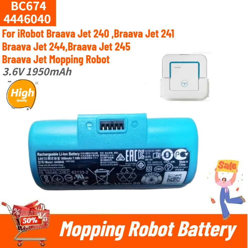 

100% New 4446040 BC674 High Quality Mopping Robot Battery 3.6V 1950mAh for iRobot Braava Jet 240 241 244 245 Replacement Battery