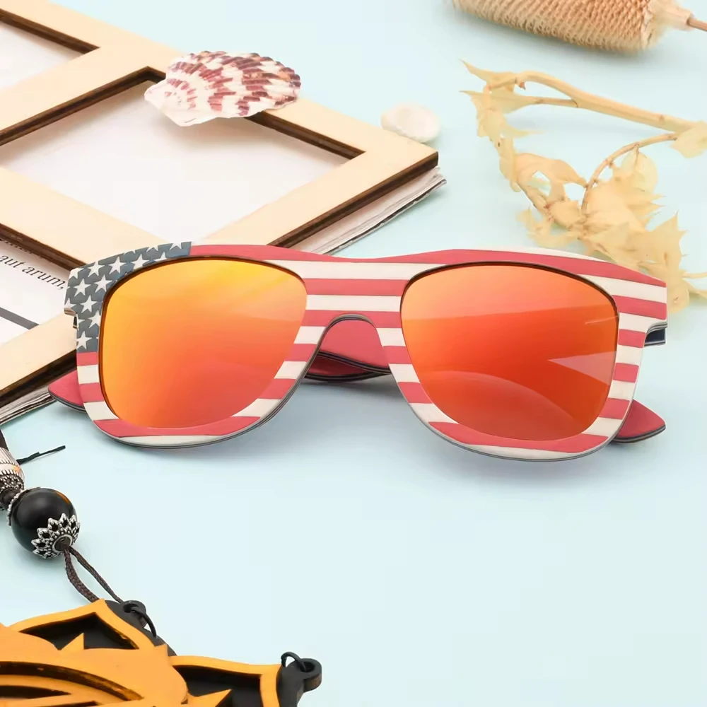 نظارات شمسية خشبية بعلم أمريكي للرجال والنساء بعدسات مستقطبة