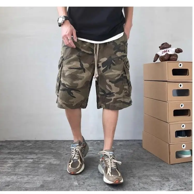 

Рабочие камуфляжные брюки, мужские хлопковые шорты в стиле ретро, модные брендовые свободные шорты с пятью точками и большими карманами