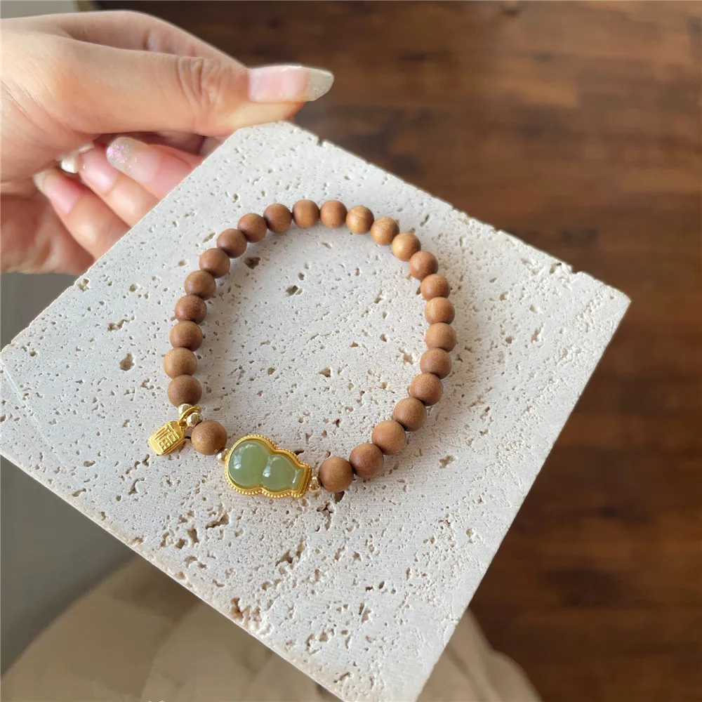 Laoshan Sandalwood Round Beads Women Bracelet Natural Hetian Jade Gourd Original Design Elastic Cord Wenwan Simple Fine Jewelry