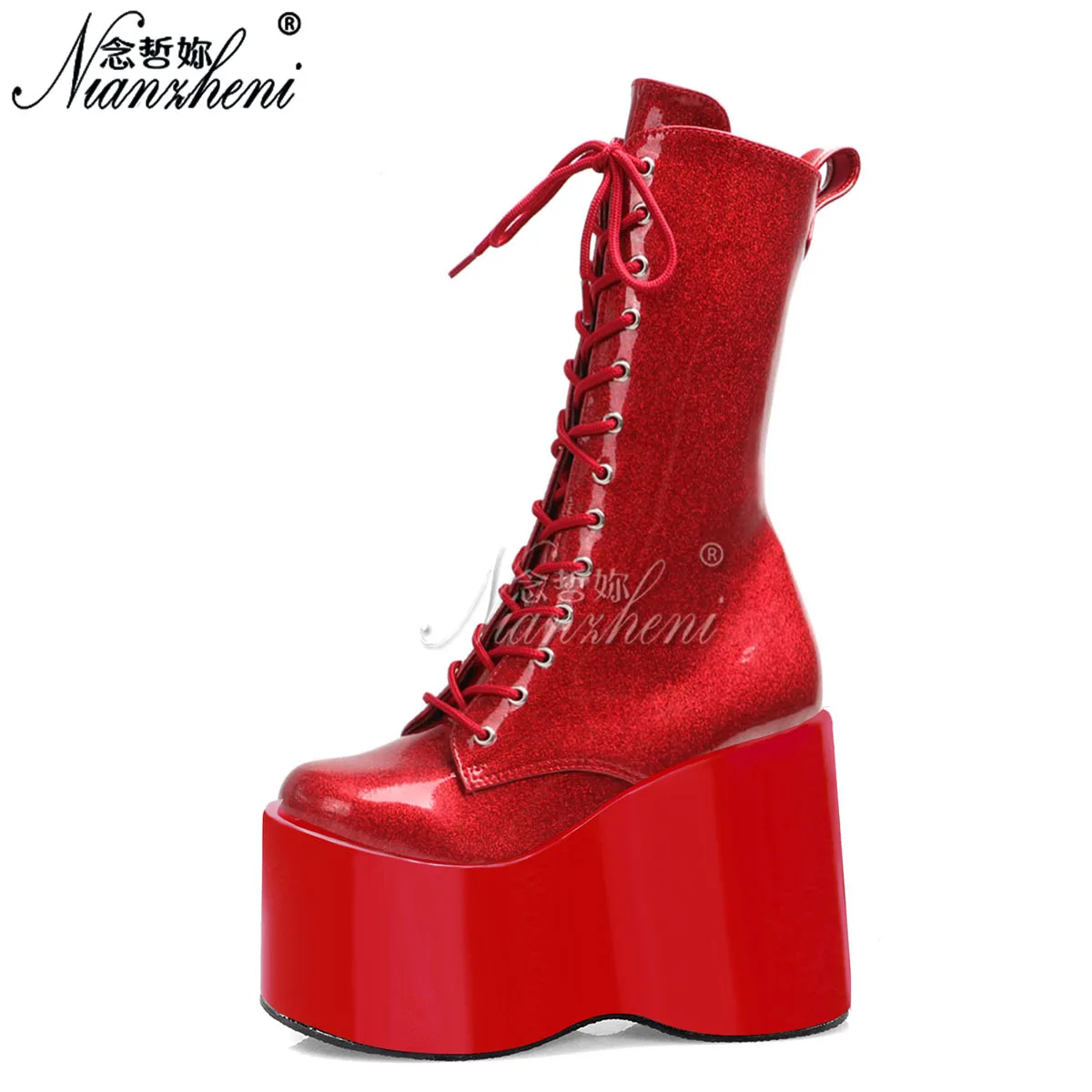 

Glitter Motorcycle 5inches High Heels wedges 12cm Purple stage sexy Lace Up gothic punk custom ankle boots Cross dressing stage