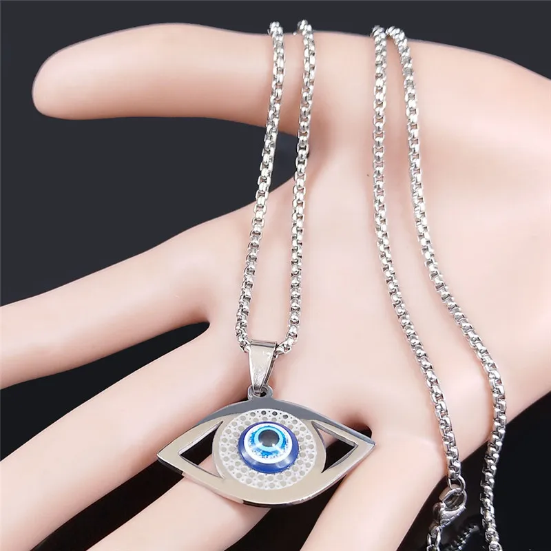 Islam Hamsa Evil Blue Eye Necklace Stainless Steel Turkish Eye Chain Bracelet Greek Jewelry Ojo Turco Acero Inoxidable N1137S02 - view 5