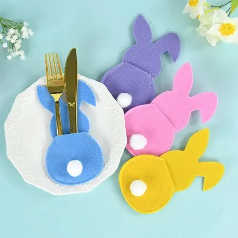4pcs Easter Cutlery Bag Felt Bunny Rabbit Knife Fork Holder Bags Tableware Spring Easter Festival Party Home Table Decorations