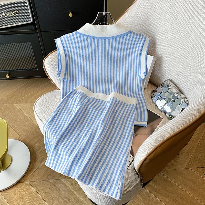 Striped Two-Piece Skirts Set Women Knit Korean Elegant Turn-Down Collar Blue Suit Fashion Elastic Chic Office Lady Shirts Skirts