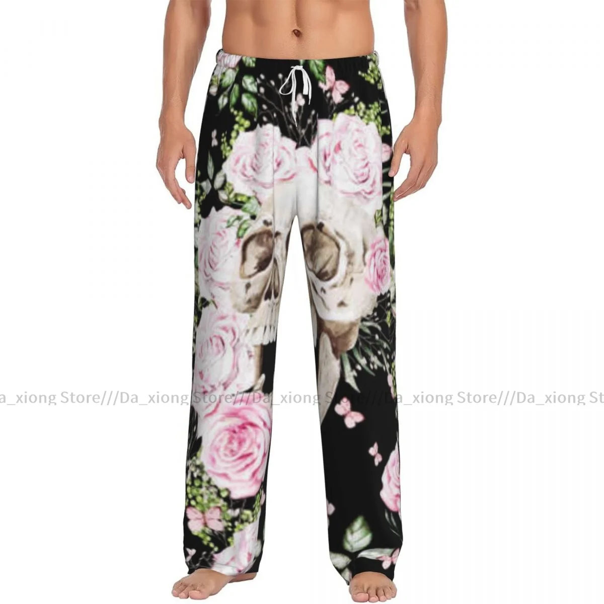 Men's Casual Pajama Sleeping Pants Watercolor Skull Peony And Roses Lounge Loose Trousers Comfortable Nightwear