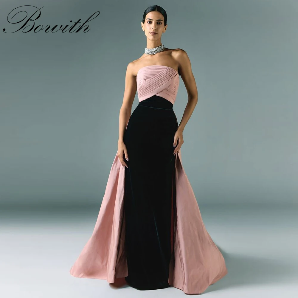 

Bowith Black and Pink Evening Dresses Contrast Color Strapless Party Dresses Customized Long Prom Dress vestidos de fiesta