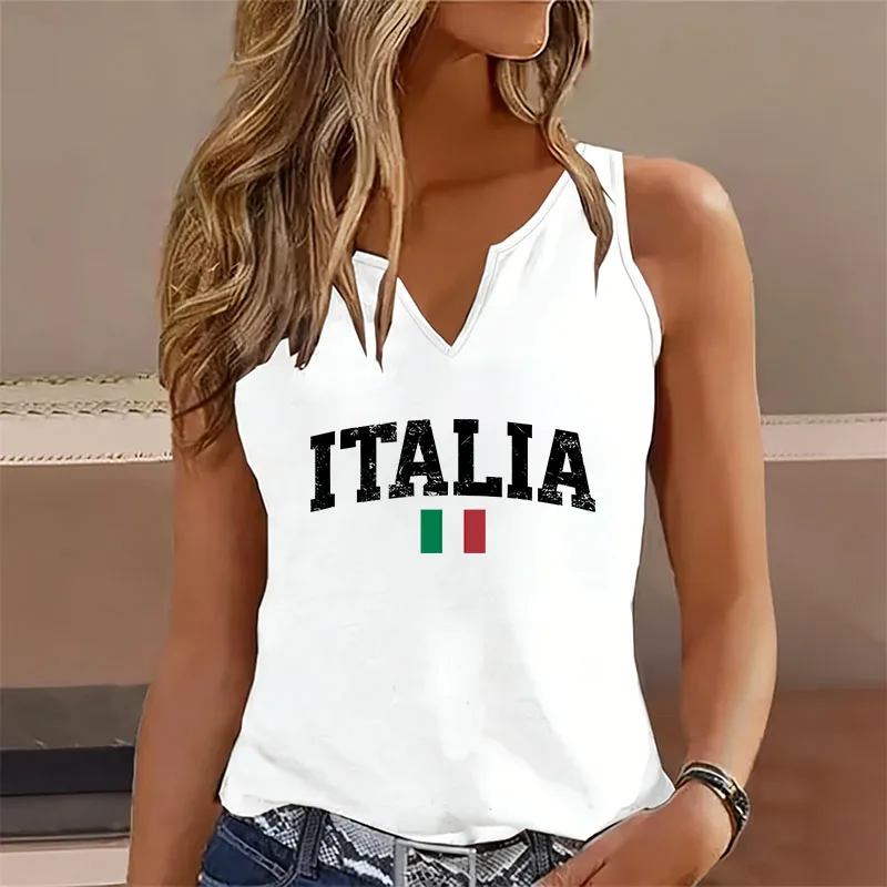 Fashion Italia Letter Printed Sleeveless Tank Top T-shirt V Neck Casual Vest T Shirts Women Short Sleeve Tee Shirt V-Neck