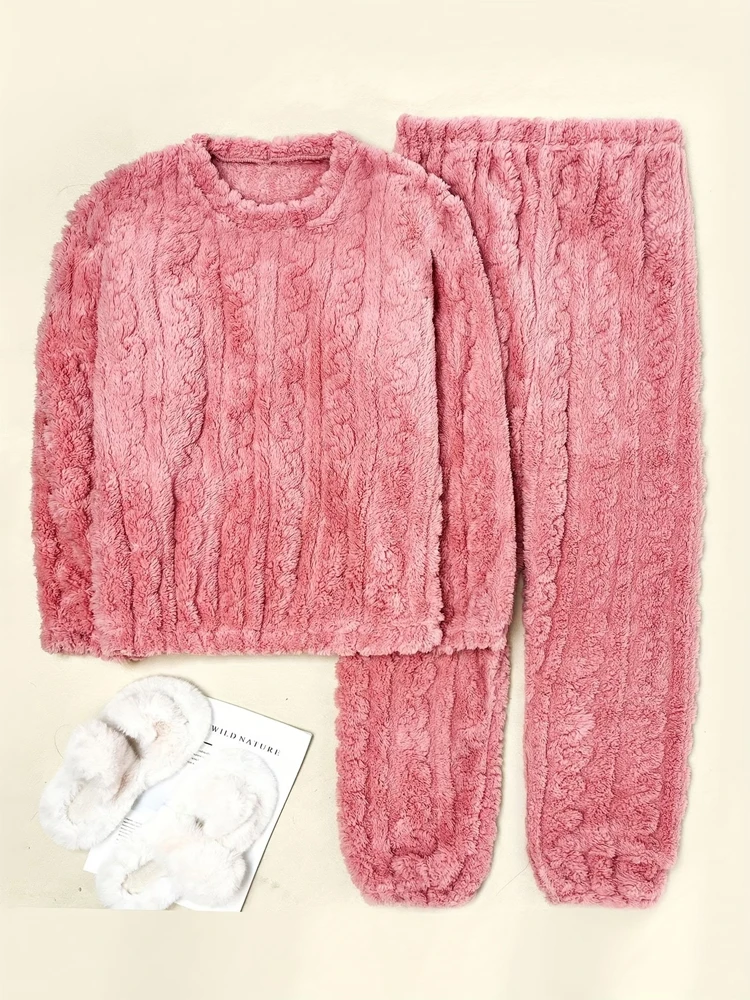 Winter Women Thicken Coral Fleece Pajamas Set Solid Color Soft Warm Long Sleeve Homewear Sleepwear Female Comfortable Sleepwear image 4