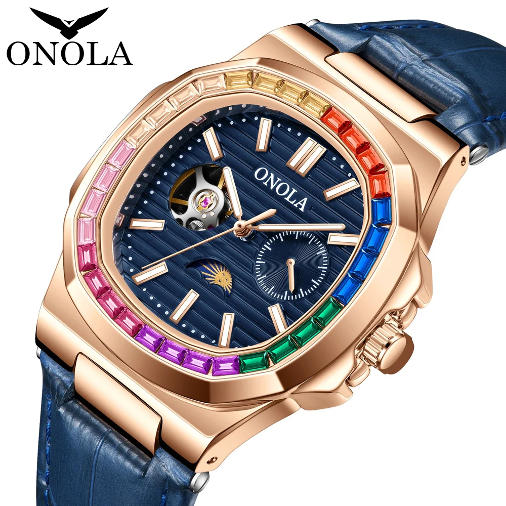 

ONOLA Fashion Colorful Diamond Hollow Fully Automatic Mechanical Men's and Women's Watches Waterproof Leather Watch Men's Clock