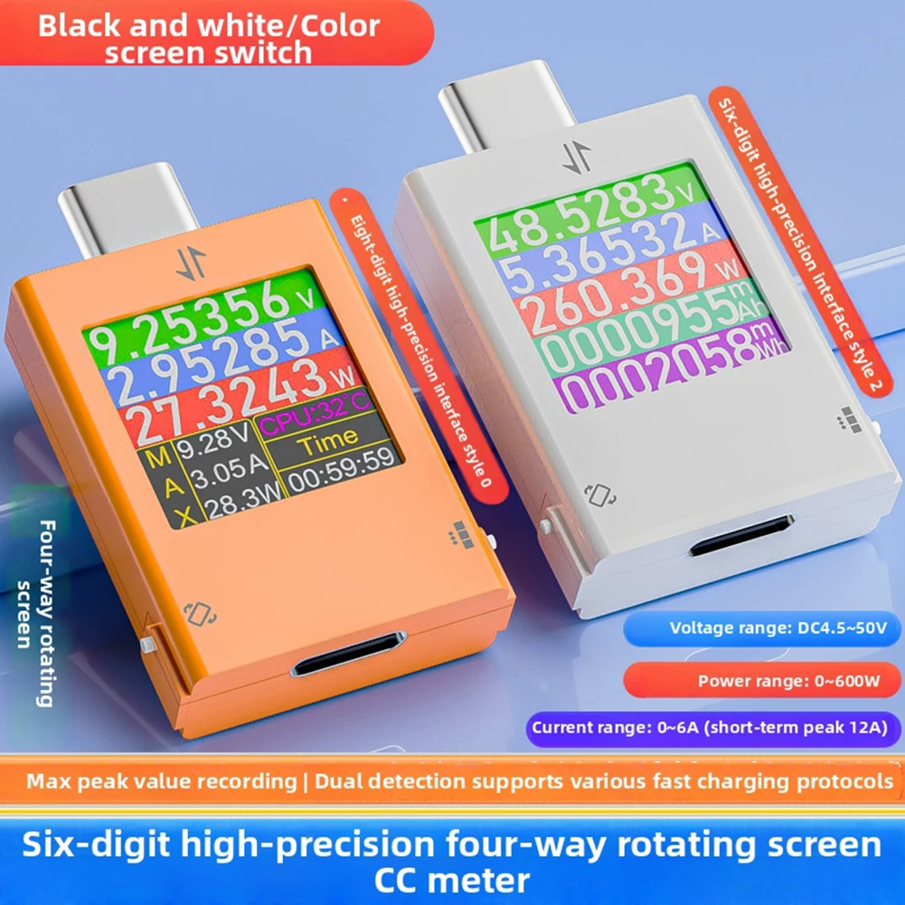 B10 DC4.5-50V 600W 12A USB TypeC Power Supply Capacity Tester Voltmeter Ammeter For Smartphone Charging Accessory