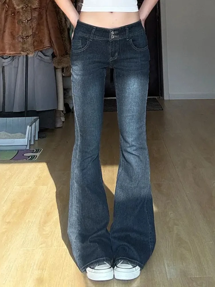 

HOUZHOU Vintage Washed Basic Flared Jeans Low Waist American Style Slim Denim Pants Button-up Trousers Casual Aesthetic New