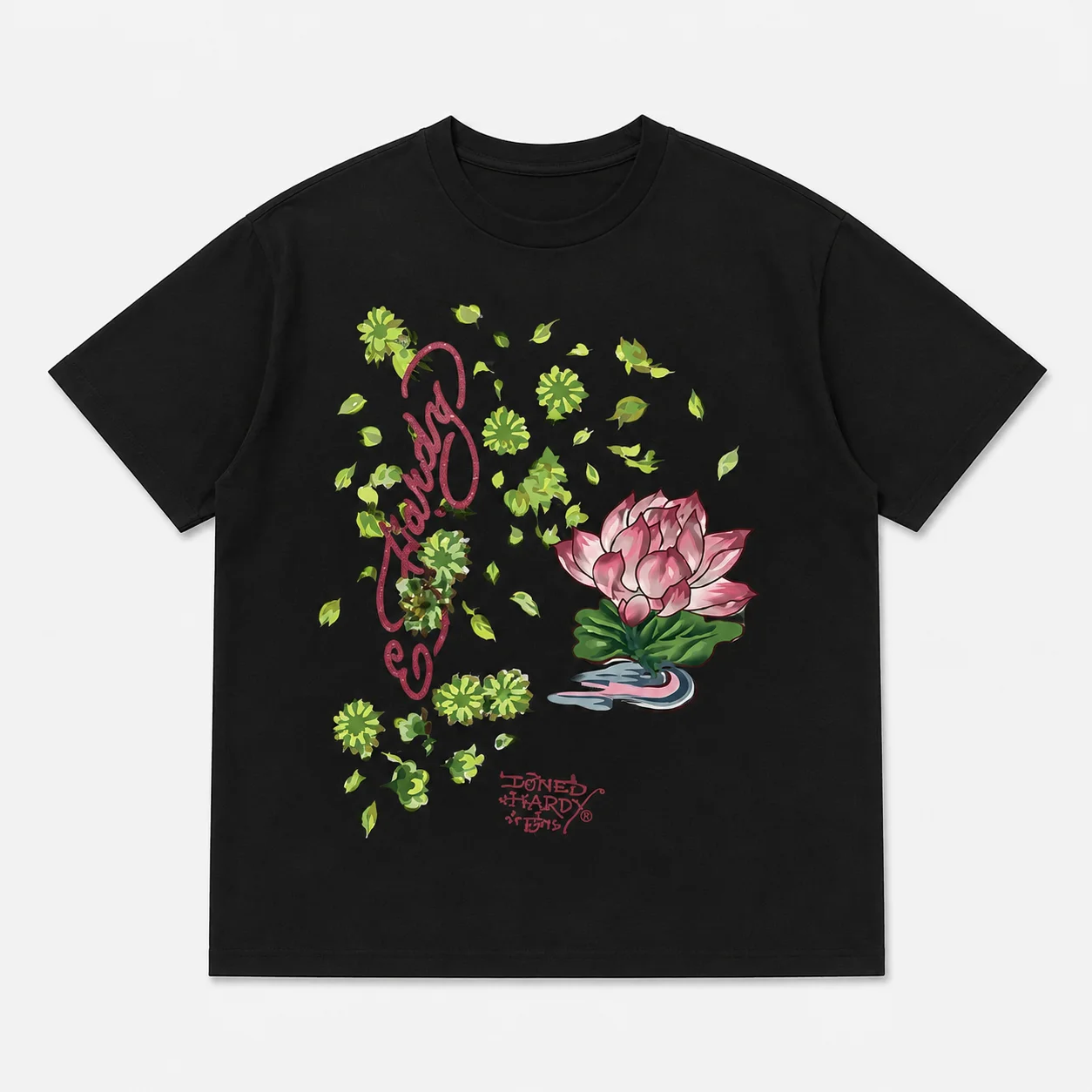 Ed Hardy Vertical Logo Pink Lotus Scattered Flower Leaf Print T Shirt Unisex Loose Oversized Harajuku Streetwear Men's T-shirts