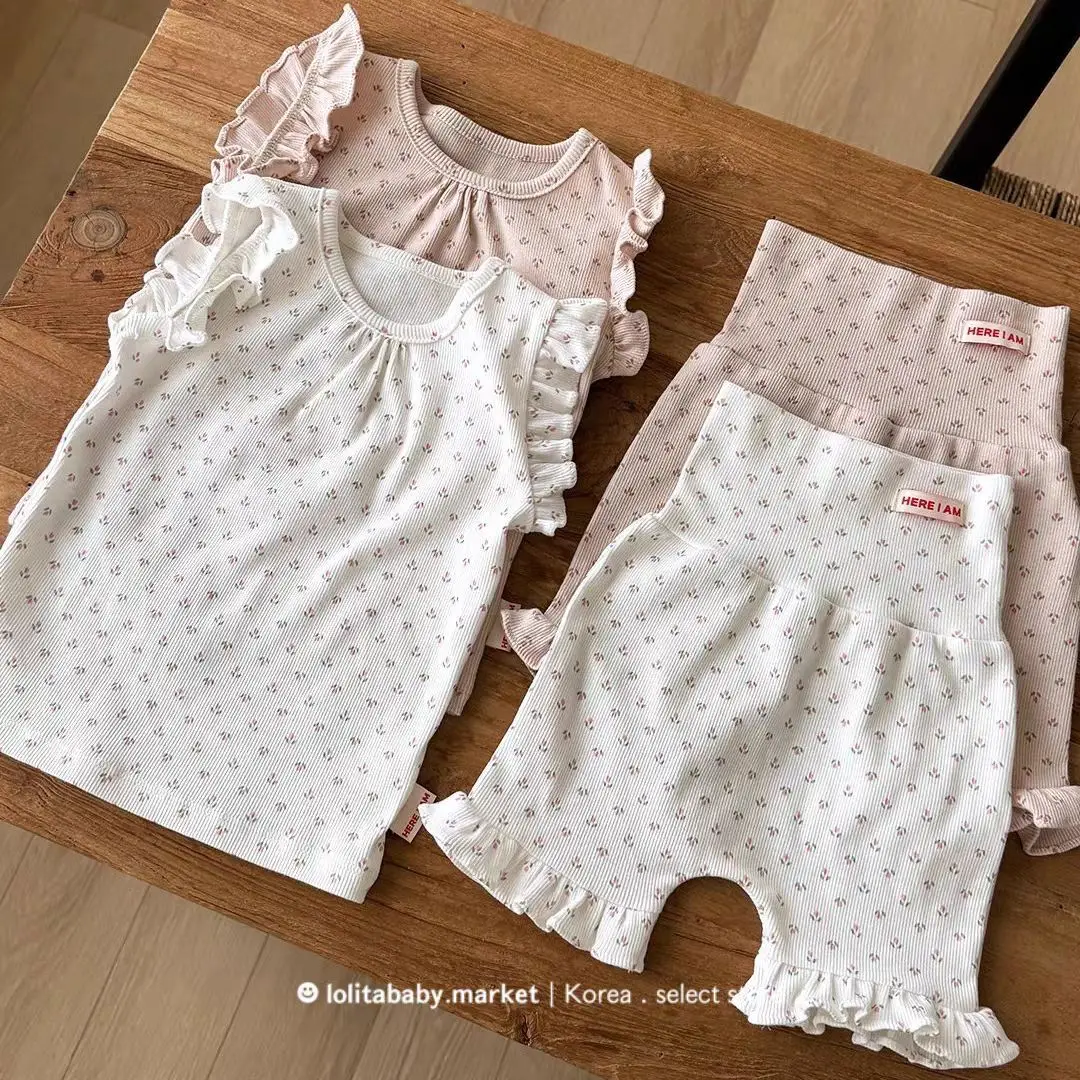 2026 Summer New Baby Girl Home Clothes Set Girls Flying Sleeve Floral Tops + Shorts 2pcs Suit Infant Toddler Cotton Outfits