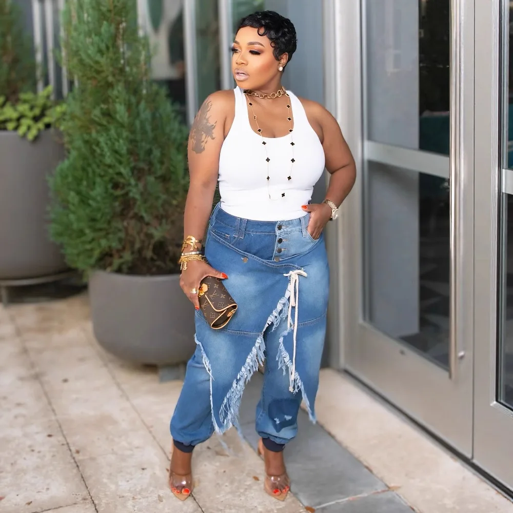 

Women Holes Denim Pencil Pant Irregular Ribbe Patchwork Skinny High Street Fashion High Waist Casual Denim Trousers 2025