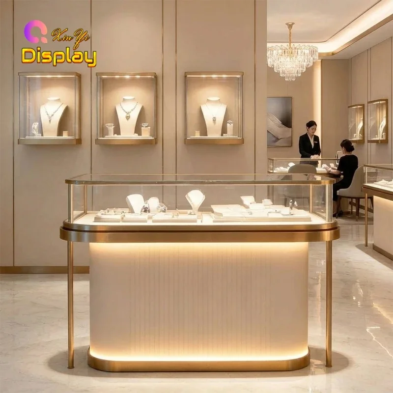 custom.Luxury Tempered Glass Showcase with LED Lighting Jewelry Retail Stores-Eco-Friendly Durable Customizable Design