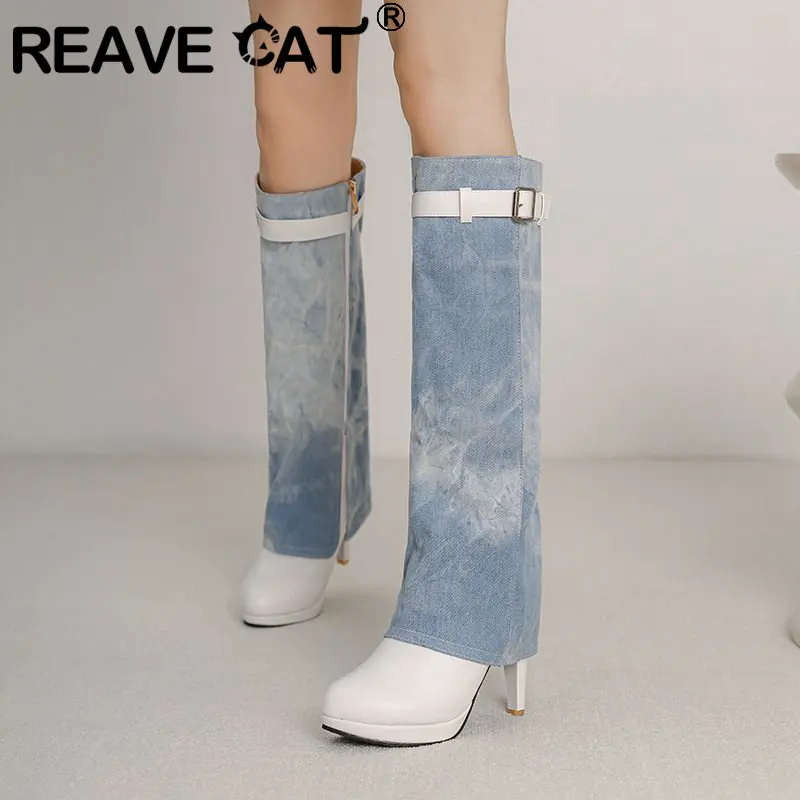 

REAVE CAT Fashion Women Long Boots Denim Splice Round Toe High Heels 10cm Platform 2cm Zipper Belt Buckle Big Size 42 43 Bota 33