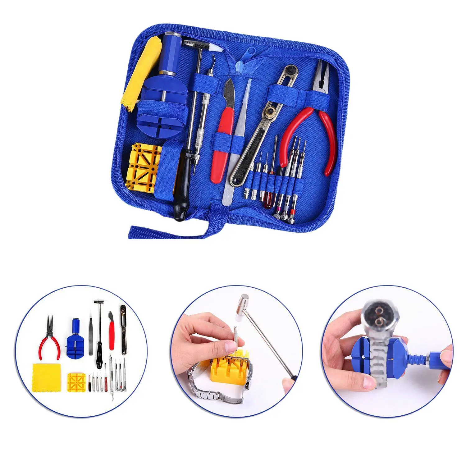 Kit de Réparation de Montre Professionnelle, Ensemble d'Outils à exacpilles de Liaison avec Étui de Transport (Bleu), 17 Pièces