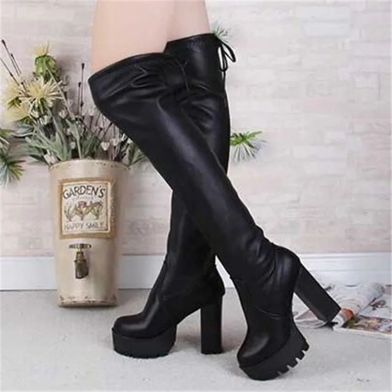 Autumn Winter Warm Leather Platform Women Long Boots Over The Knee Boots Comfort Shoes Female Thigh High Boots Botas Mujer Black