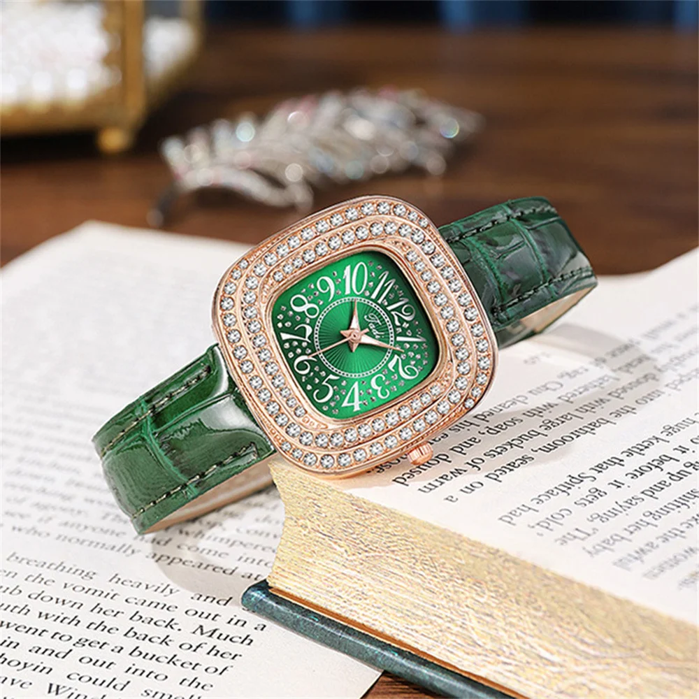 Fashion Full Star Luxury Ladies Square Arabic Numerals Quartz Watch Casual Green Leather Women's Gift Clock Wristwatch