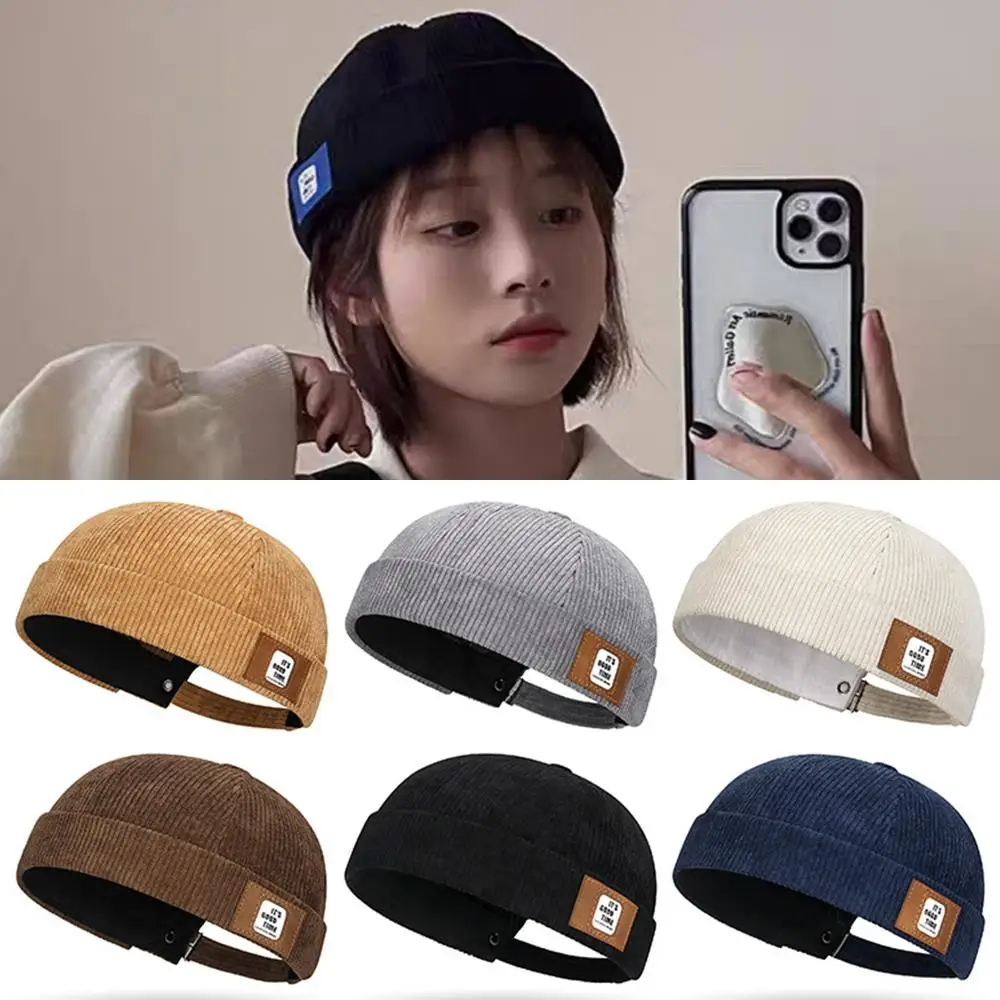 

Unisex Docker Cap Adjustable Landlord Hat Corduroy Solid Color Brimless Cap Dome Melon Cap Streetwear Hip Hop Gua Skin Hat