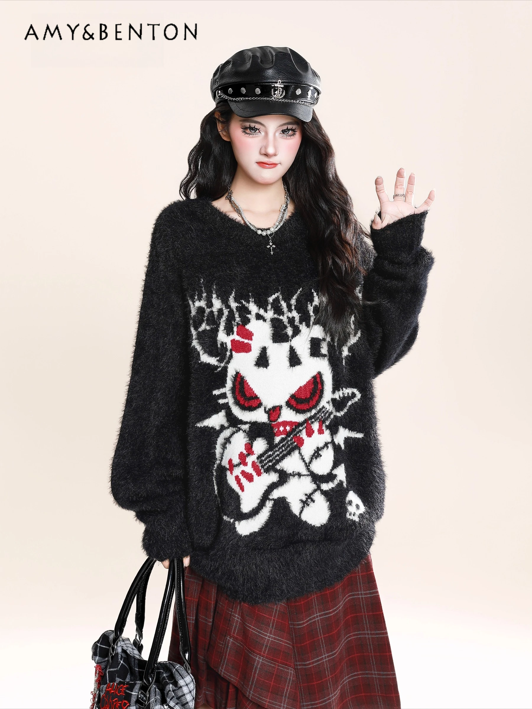 

Autumn Winter New Subculture Punk Style Printed Soft Black Knitted Sweater Women's Versatile Loose Casual Gray Pullover Top