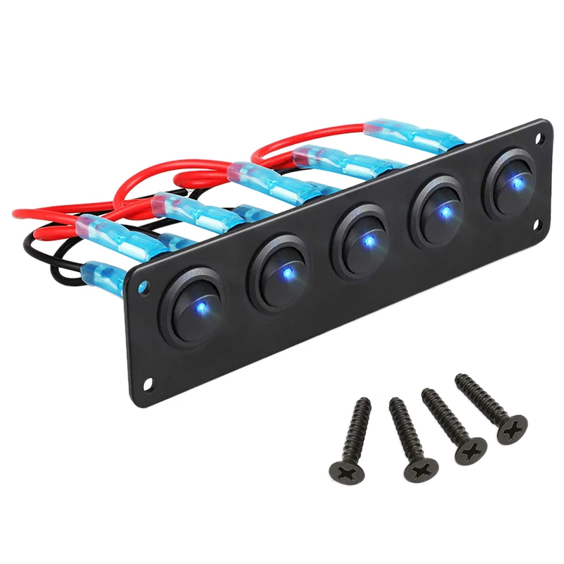 B09A Rocker Switch Panel with 5 On-Off Pre-Wired Toggle Switches for 12V 24V Car Vehicle Trailer Truck SUV Marine Boat RV Ship