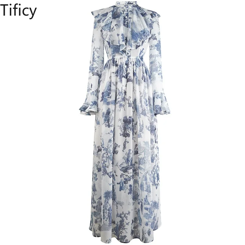 

TIFICY Spring and Summer New Vacation Style Women's Stand Up Collar Ink Print Slim Fit Shirt Long Elegant Dress Vestidos