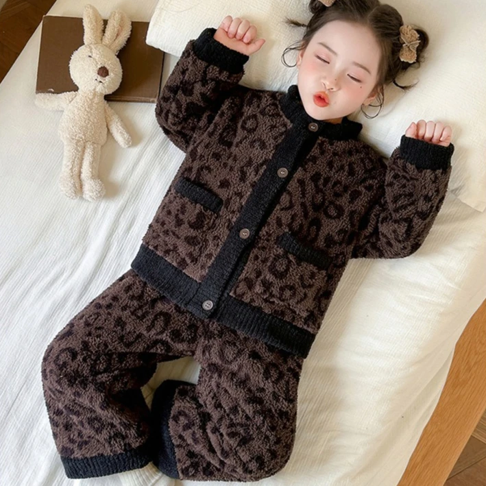 Girls Suit 2026 Autumn and Winter New Children's Clothing Korean Girl Baby Plus Velvet Warm Leopard Print Pajamas Two-piece Set