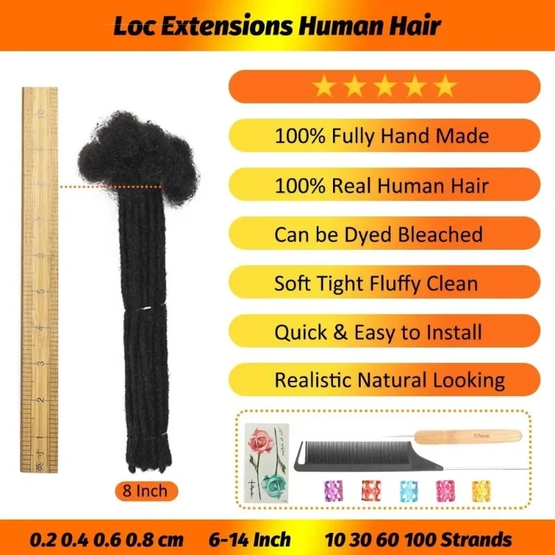 18 Zoll Loc Extensions Echthaar 0,2/0,4/0,6/0,8 cm 30 Strähnen Dreadlock Extensions für Männer Frauen Kinder Natürliches Schwarz Bulk-Haar – Detail 2