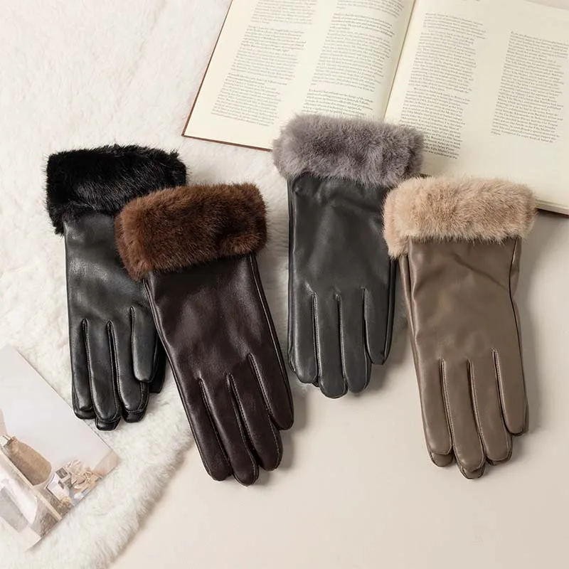 Mao Kou Leather Gloves PU Leather Women's Winter Cycling with Velvet Warm Gloves Touchscreen Fashion Gloves