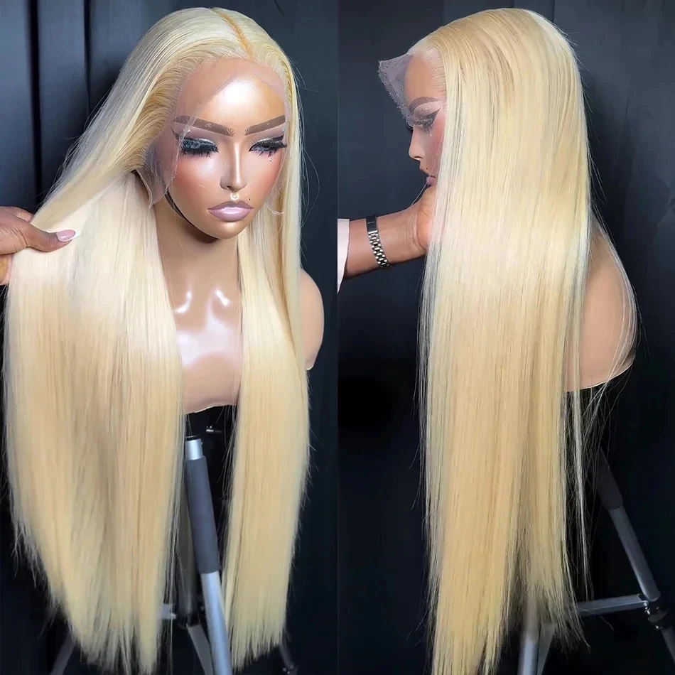 613 Wig pirang lurus 13x4 HD transparan renda Frontal dengan penuh Frontal 28 30 inci renda depan Wig rambut manusia untuk wanita