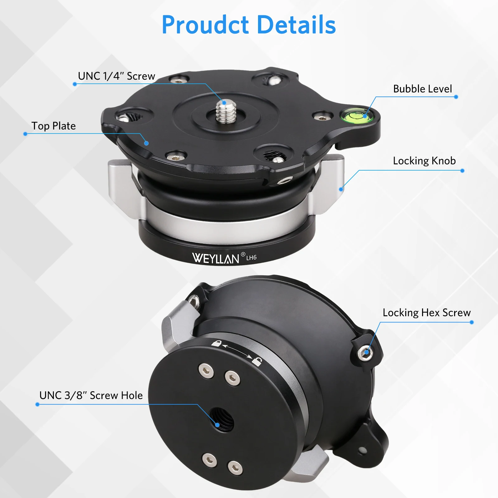 WEYLLAN LH5/LH6/LH7 Stativ-Nivellierbasis Kamera-Nivellierer Aluminiumlegierung Kopf 10/15/20kg Traglast 14 ° /15 ° 360-Grad-Neigung ° Pan-Adapter-Schraube – Detail 13