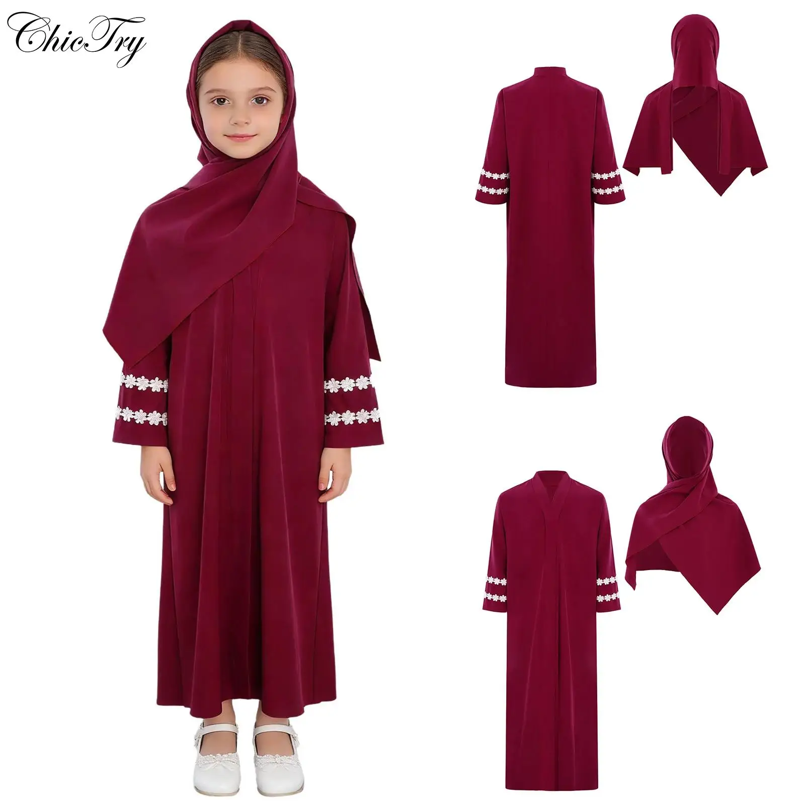 

Kids Girls Muslim Outfit Loose Lace Trim Long Sleeves Split Abaya Robe Dress with Hijab Scarf Kaftan Robe Dresses Dubai Outfits