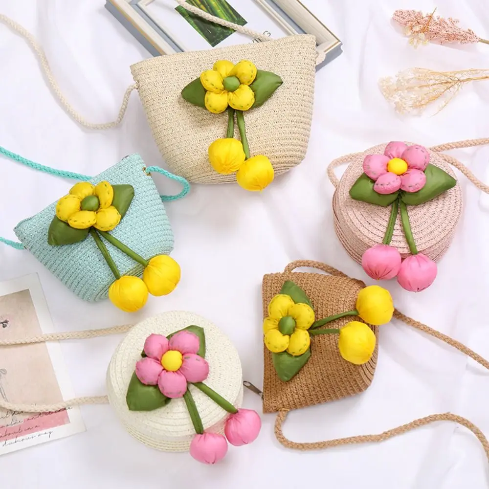 Girl Handmade Woven Straw Bag Summer Coin Purse Flower Storage Basket Zipper Photo Props Crossbody Handbag