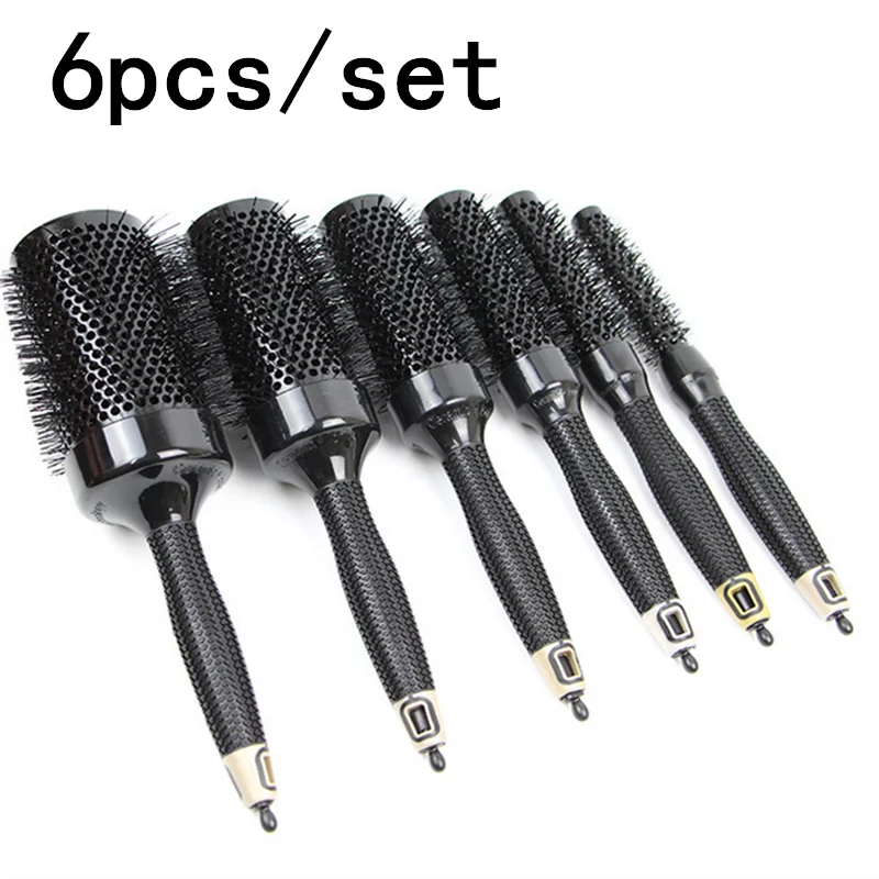 

6pcs/set Black Boar Bristles Round Hair Comb Professional Hairdressing Hair Brush Anti-Static Barber Salon Styling Tools